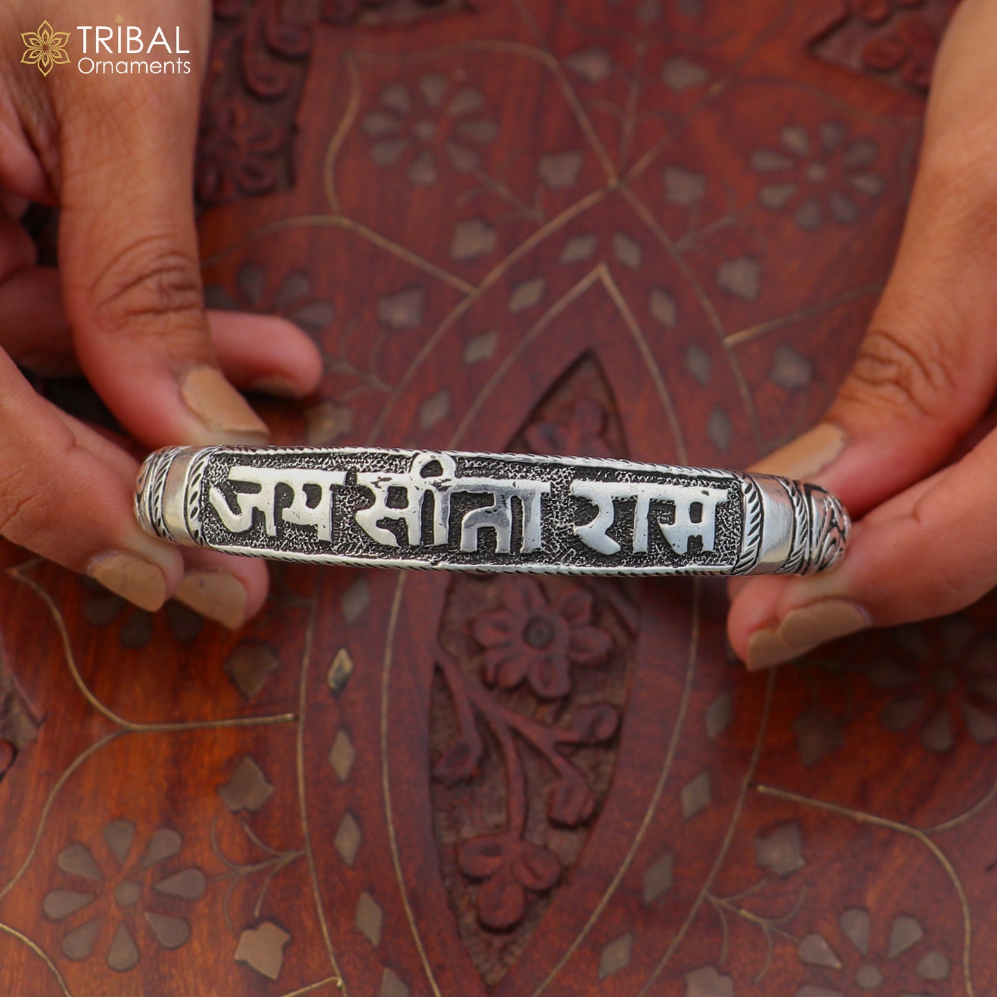 Unisex 925 Sterling silver Jai Sita Ram Ram mantra bracelet with tribal chitai work, ethnic jewelry by TRIBAL ORNAMENTS.