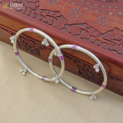 Sterling silver vintage ankle bracelet with jingling charms, customized foot jewelry by TRIBAL ORNAMENTS, stylish kada design.