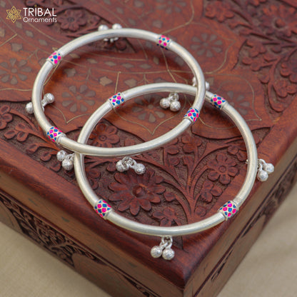 Sterling silver vintage ankle bracelet with jingle bells, customized design, stylish foot jewelry by TRIBAL ORNAMENTS.