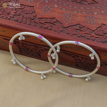 Sterling silver vintage ankle bracelet with jingling bells, customized jewelry by TRIBAL ORNAMENTS, stylish foot kada jewelry.