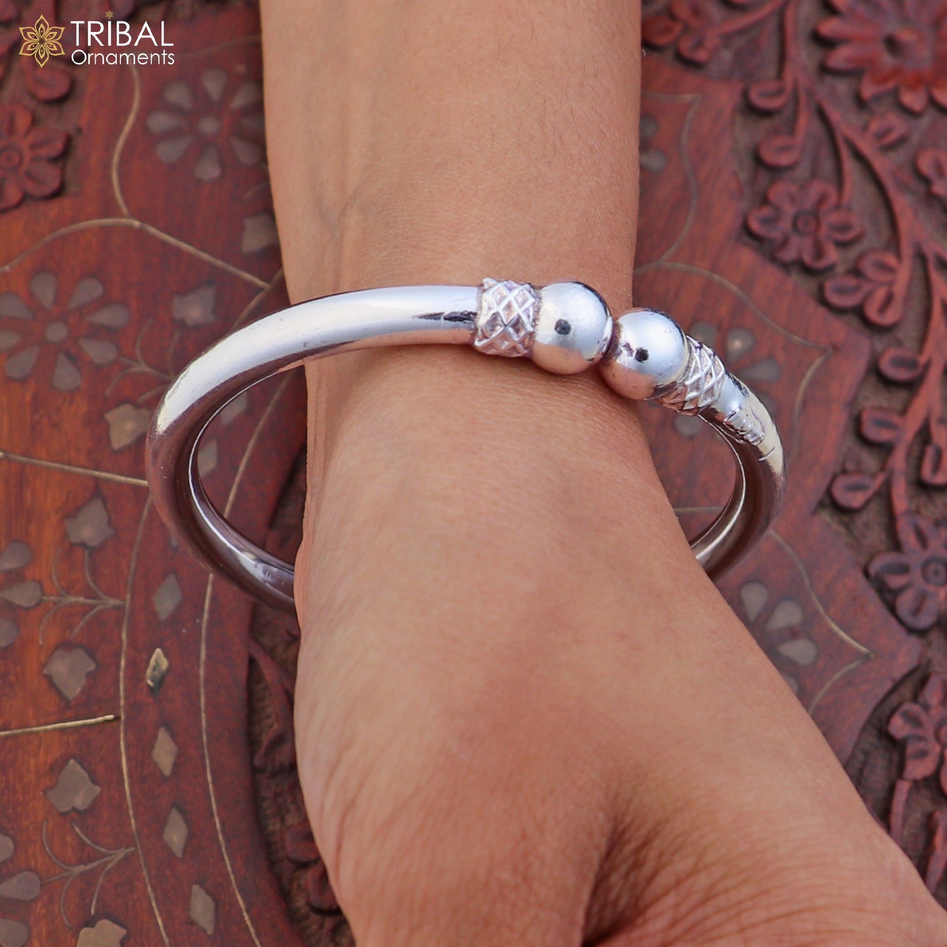 Sterling silver stylish ball design bangle kada with tribal-inspired jewelry details, crafted by TRIBAL ORNAMENTS.