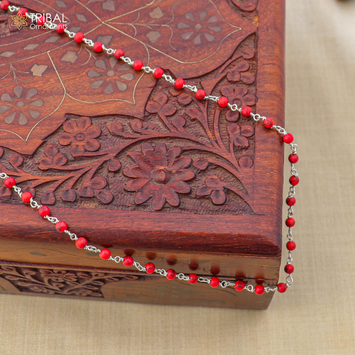925 sterling silver red jasper beads chain for unisex jewelry ch630 - TRIBAL ORNAMENTS