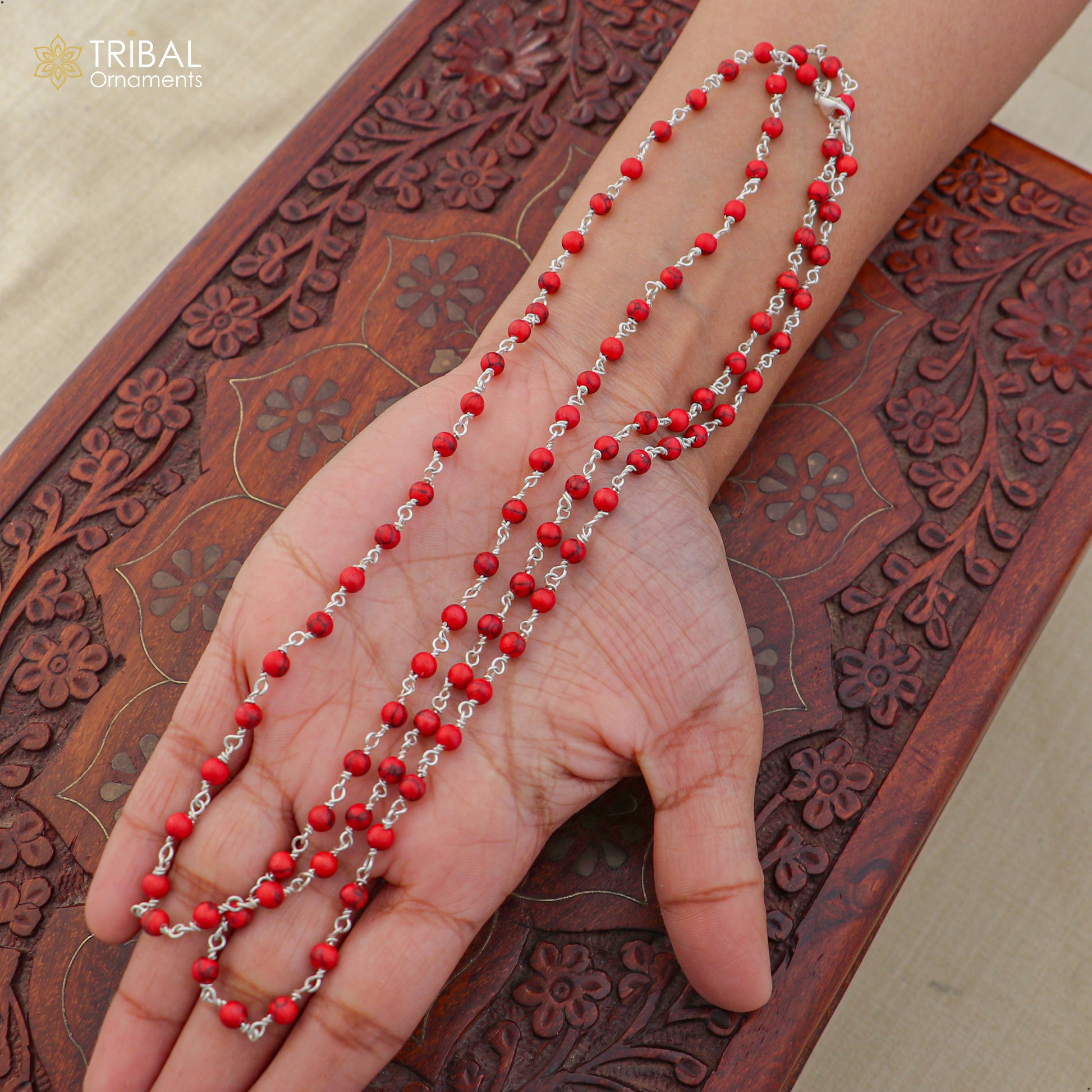 925 sterling silver red jasper beads chain for unisex jewelry ch630 - TRIBAL ORNAMENTS