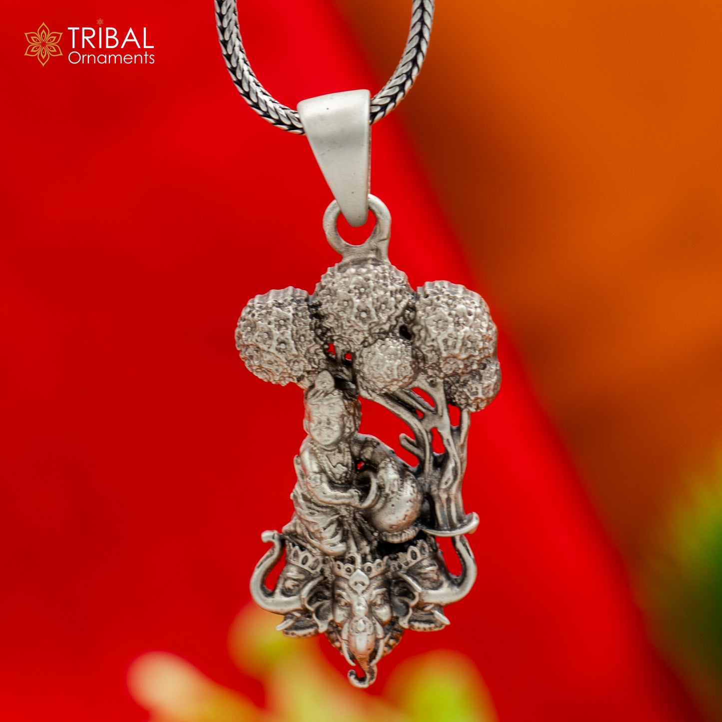 925 sterling silver lord Krishna with tree face elephant Pendant with chain tribal jewellery nsp1027