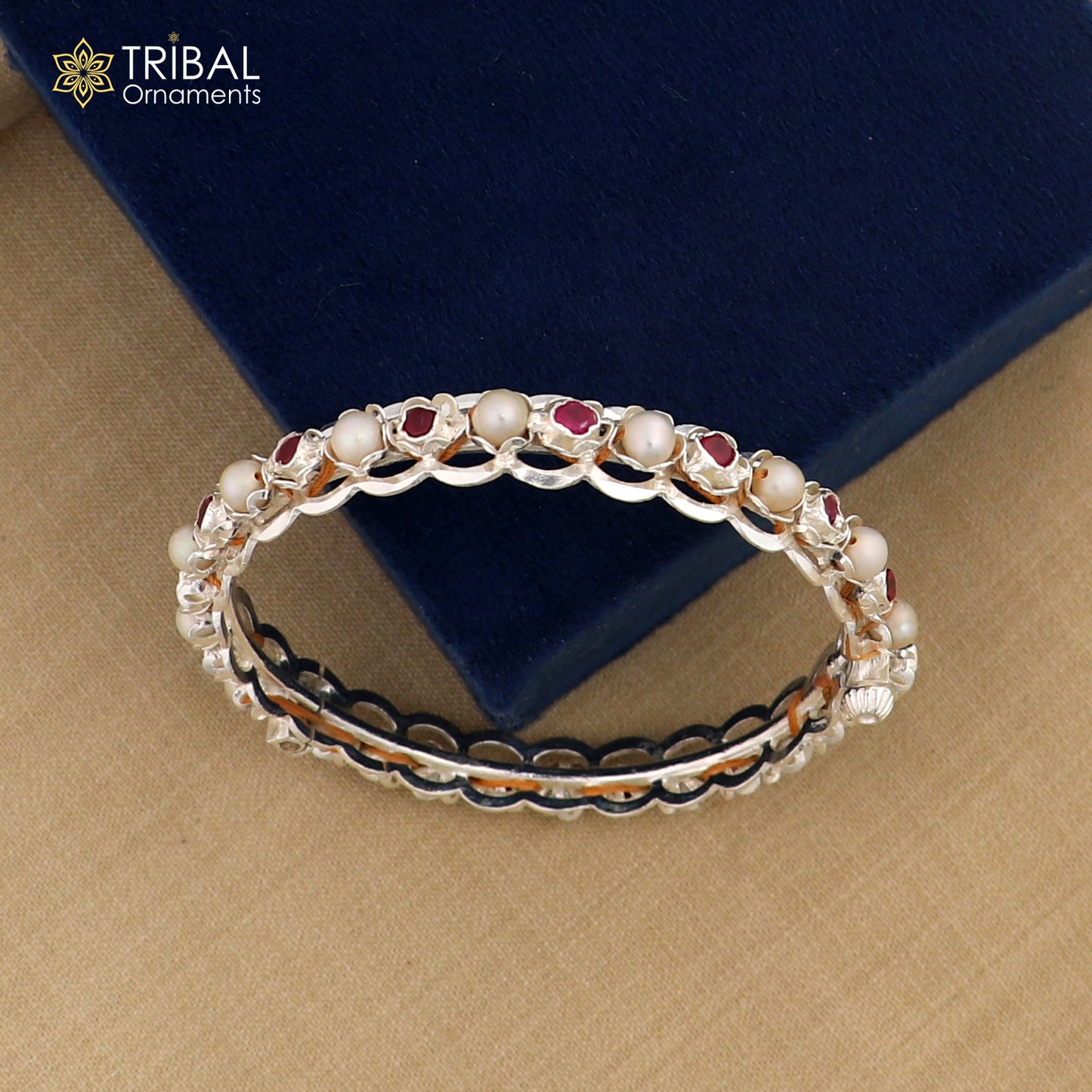 925 sterling silver gorgeous pearl beaded with red stone bangle kada customized tribal jewelry nba438