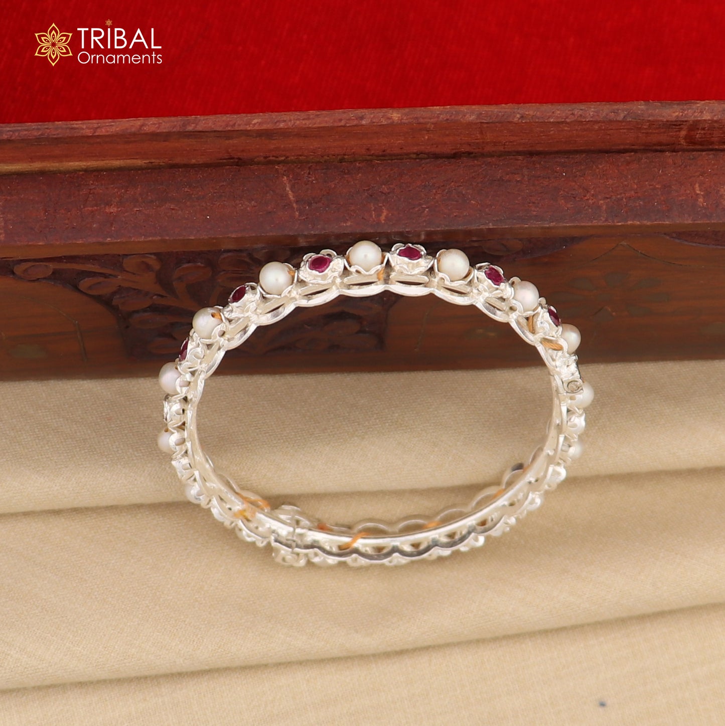 925 sterling silver gorgeous pearl beaded with red stone bangle kada customized tribal jewelry nba438