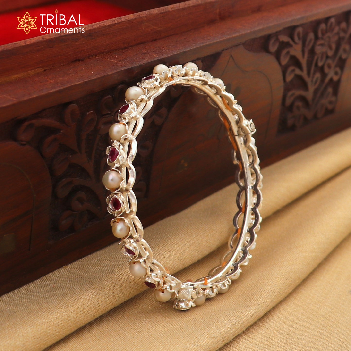 925 sterling silver gorgeous pearl beaded with red stone bangle kada customized tribal jewelry nba438