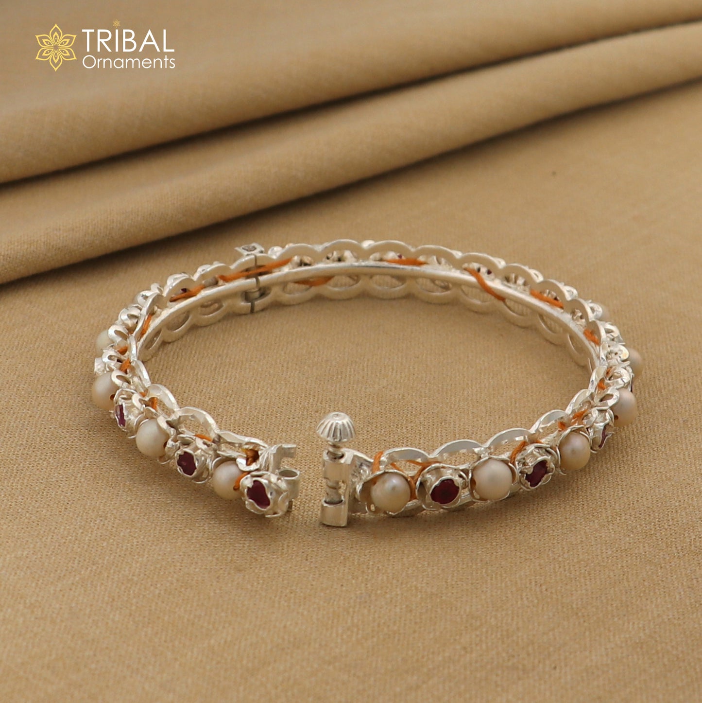 925 sterling silver gorgeous pearl beaded with red stone bangle kada customized tribal jewelry nba438
