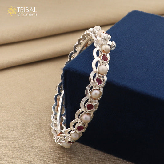 925 sterling silver gorgeous pearl beaded with red stone bangle kada customized tribal jewelry nba438