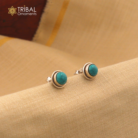 925 sterling silver handmade stud earring with gorgeous single blue turquoise stone stud earring best unisex jewelry s1276