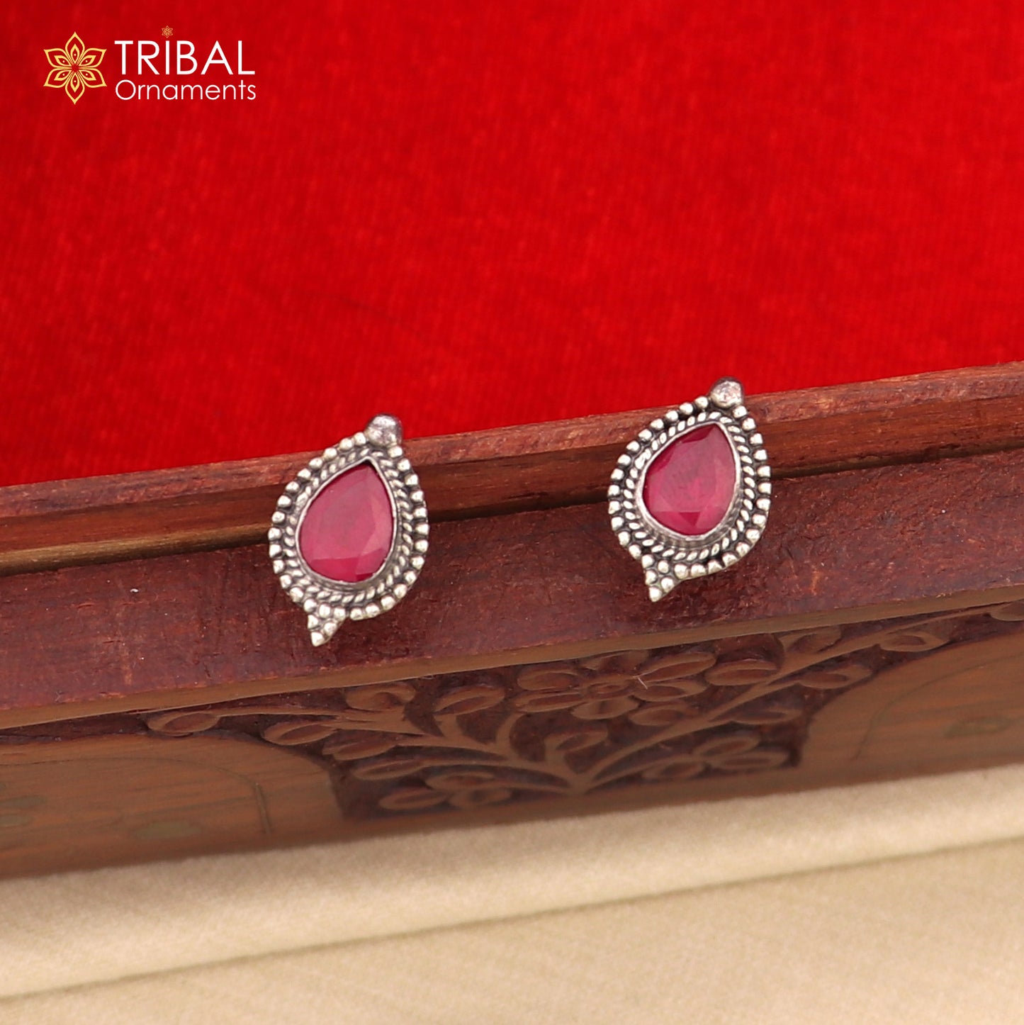 925 sterling silver vintage design pink stone ethnic stud earring s1372