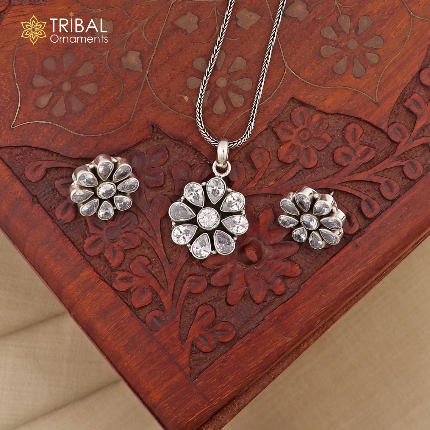 925 sterling silver cz cut stone floral charm necklace set stylish jewelry set741