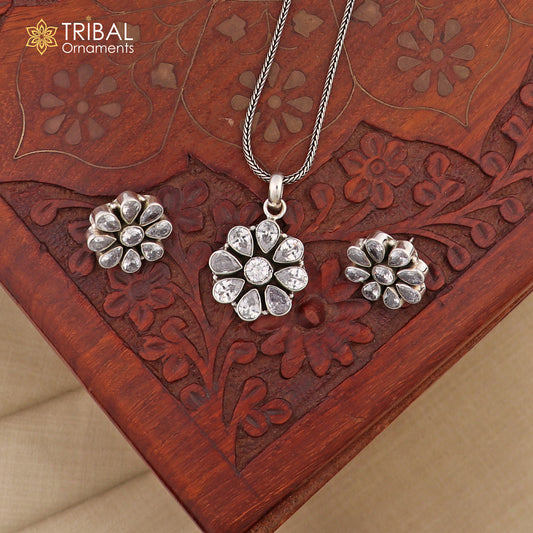 925 sterling silver cz cut stone floral charm necklace set stylish jewelry set741
