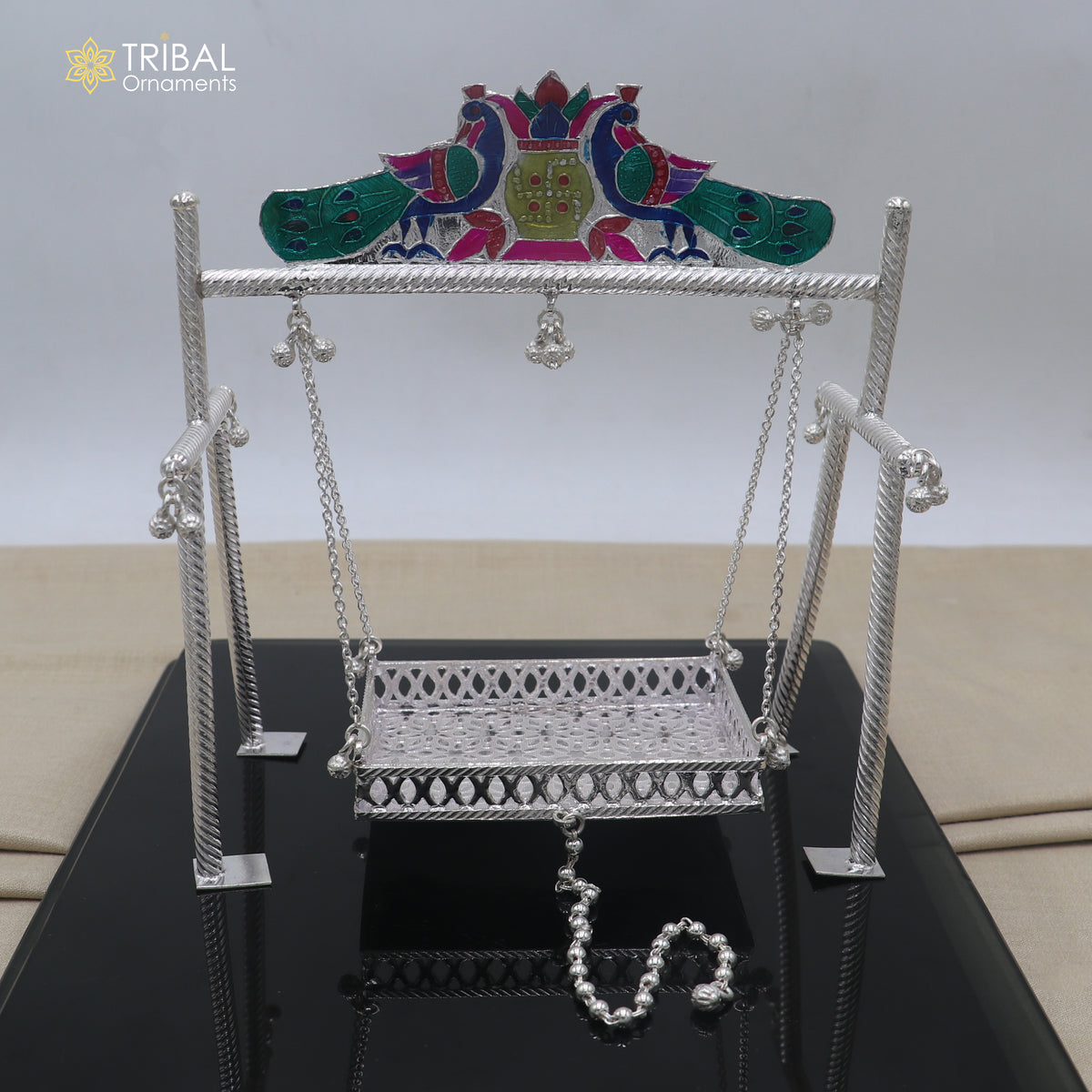 925 Sterling silver minakari work Bal Gopala jhula, little Krishna swing, palana article art898