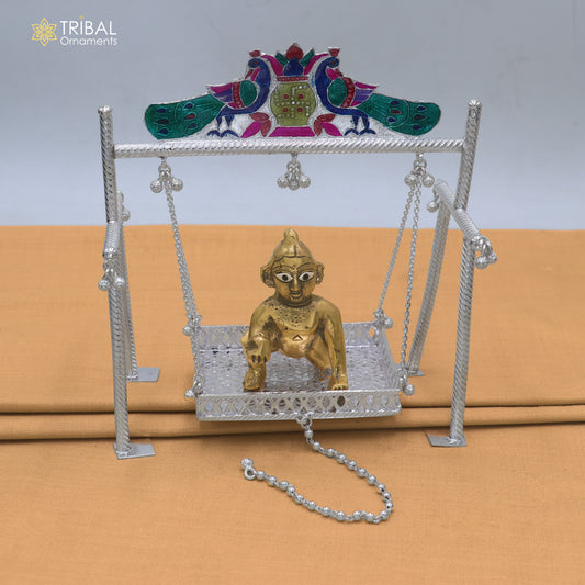 925 Sterling silver minakari work Bal Gopala jhula, little Krishna swing, palana article art898