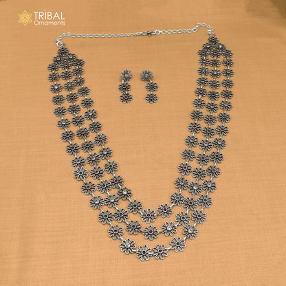 925 sterling silver floral style multi color stone 3 line necklace set ethnic jewelry set913
