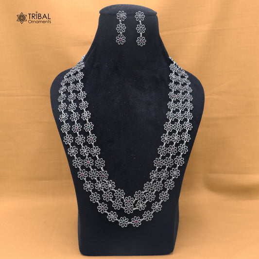 925 sterling silver floral style multi color stone 3 line necklace set ethnic jewelry set913