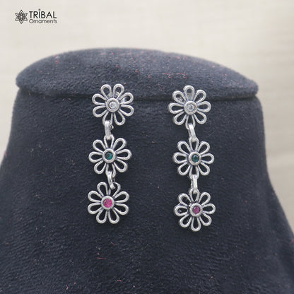 925 sterling silver floral style multi color stone 3 line necklace set ethnic jewelry set913