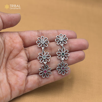 925 sterling silver floral style multi color stone 3 line necklace set ethnic jewelry set913