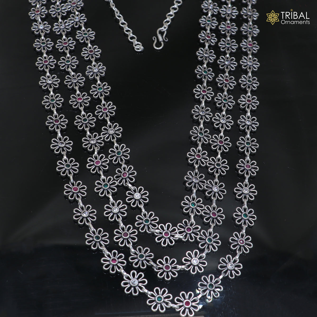 925 sterling silver floral style multi color stone 3 line necklace set ethnic jewelry set913