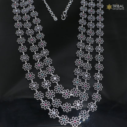 925 sterling silver floral style multi color stone 3 line necklace set ethnic jewelry set913