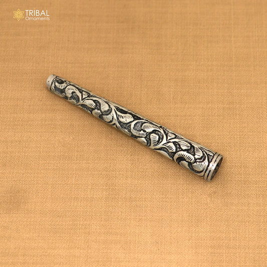 Vintage style 925 sterling silver Hukka pipe with floral Chitai work design, crafted by TRIBAL ORNAMENTS.