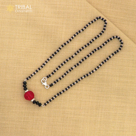 Elegant 925 sterling silver black beads chain necklace, gorgeous small stone design pendant, Mangalsutra chain beaded necklace set326