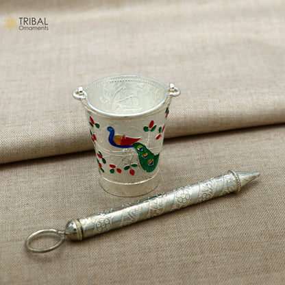 925 sterling silver Pichkari and bucket set by TRIBAL ORNAMENTS, traditional Krishna accessories with intricate designs.