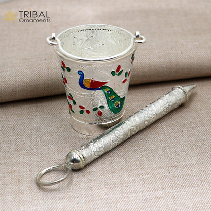 Sterling silver Pichkari and bucket accessories for Lord Krishna, trendy jewelry set by TRIBAL ORNAMENTS, detailed metalwork design