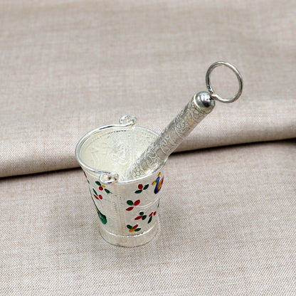 925 sterling silver Pichkari and bucket accessories, traditional design perfect for Lord Krishna-themed jewelry or gifts.