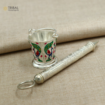 Sterling silver Pichkari and bucket accessories for Lord Krishna, handcrafted by TRIBAL ORNAMENTS, traditional Indian decorative set