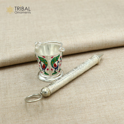 Sterling silver Pichkari and bucket accessories by TRIBAL ORNAMENTS, ideal for Lord Krishna-themed jewelry and gifting.
