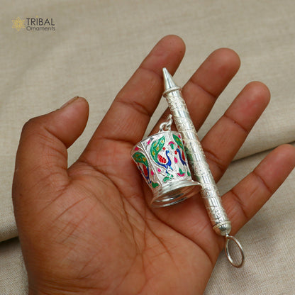 925 sterling silver Pichkari and bucket set, trendy Krishna accessories by TRIBAL ORNAMENTS, suitable as a spiritual gift