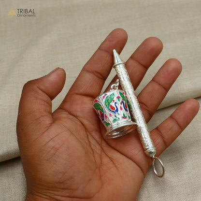 925 sterling silver Pichkari and bucket accessories for Lord Krishna, trendy tribal ornament jewelry set.
