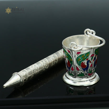 Sterling silver Pichkari and bucket accessories for Lord Krishna, trendy jewelry gift from TRIBAL ORNAMENTS.