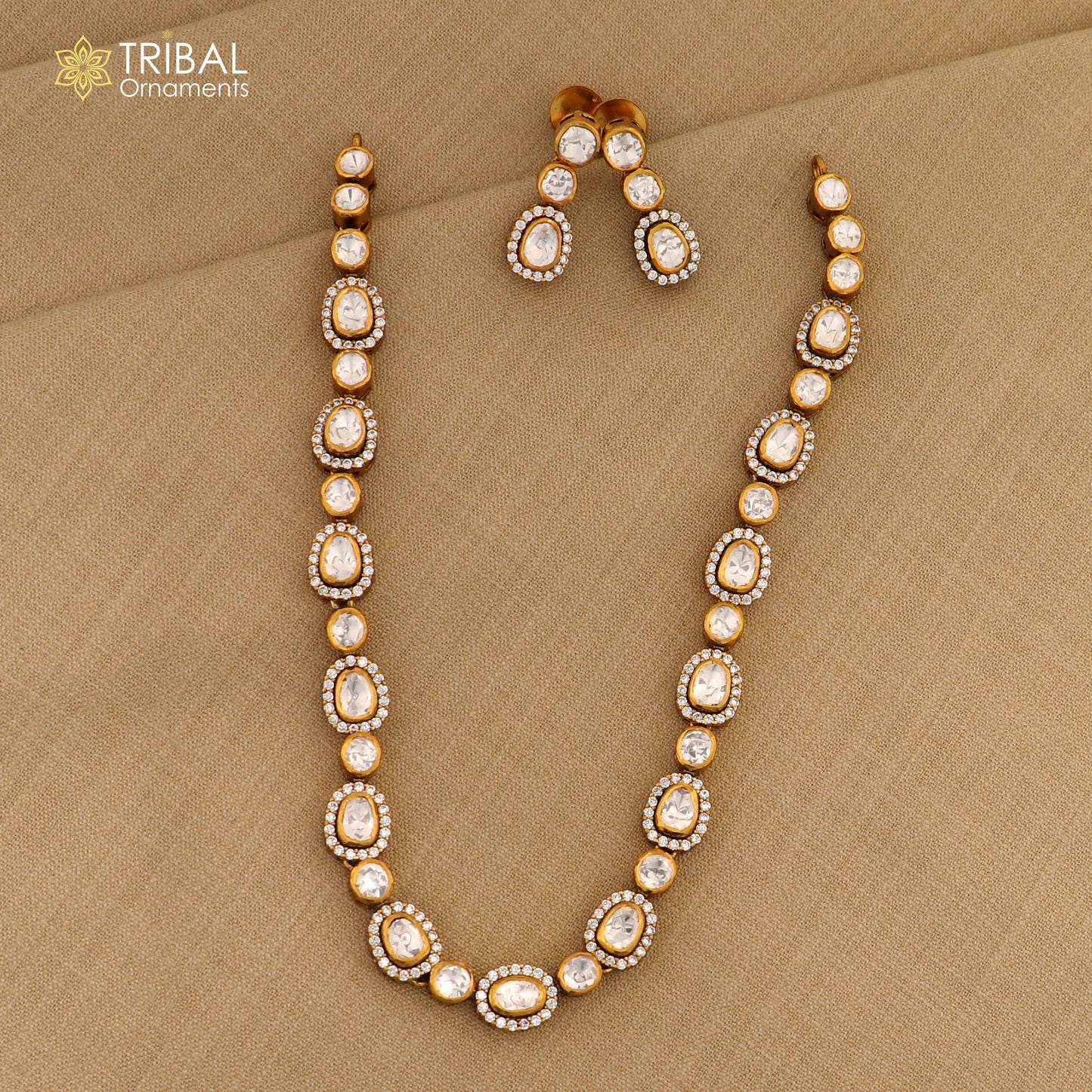 925 sterling silver white kundan stone polki charm necklace set stylish jewelry set743