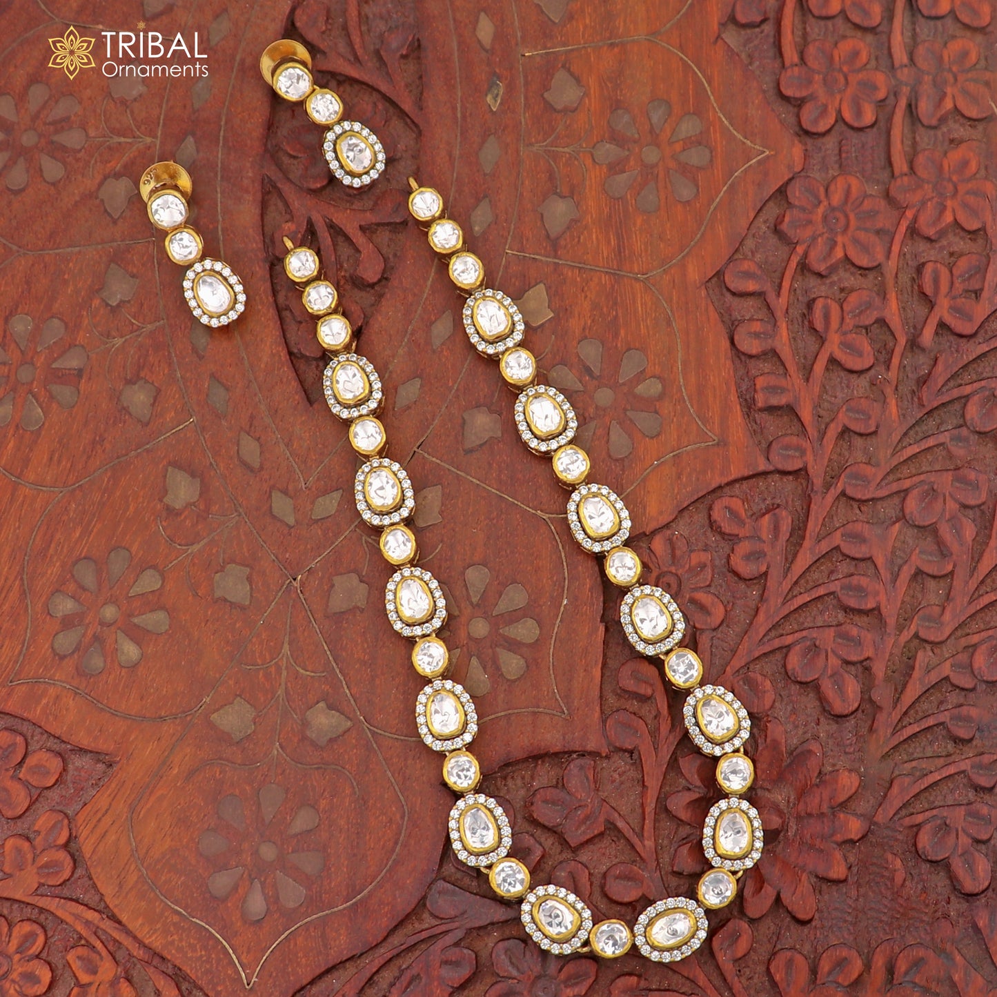925 sterling silver white kundan stone polki charm necklace set stylish jewelry set743