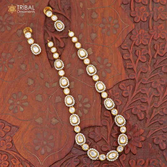 925 sterling silver white kundan stone polki charm necklace set stylish jewelry set743