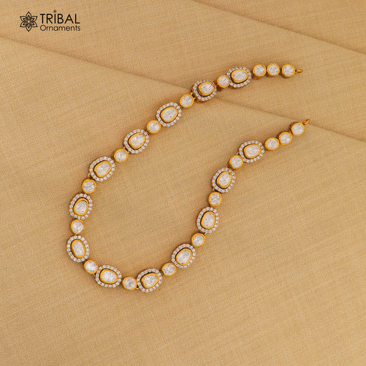 925 sterling silver white kundan stone polki charm necklace set stylish jewelry set743
