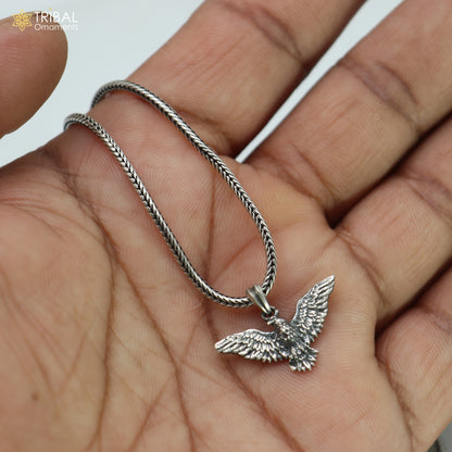 925 sterling silver eagle bird pendant with chain, tribal jewelry piece showcased against a neutral background.