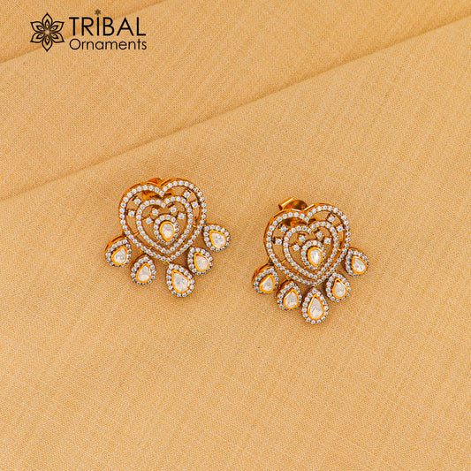 925 sterling silver heart design white kundan stud polki style earring er210