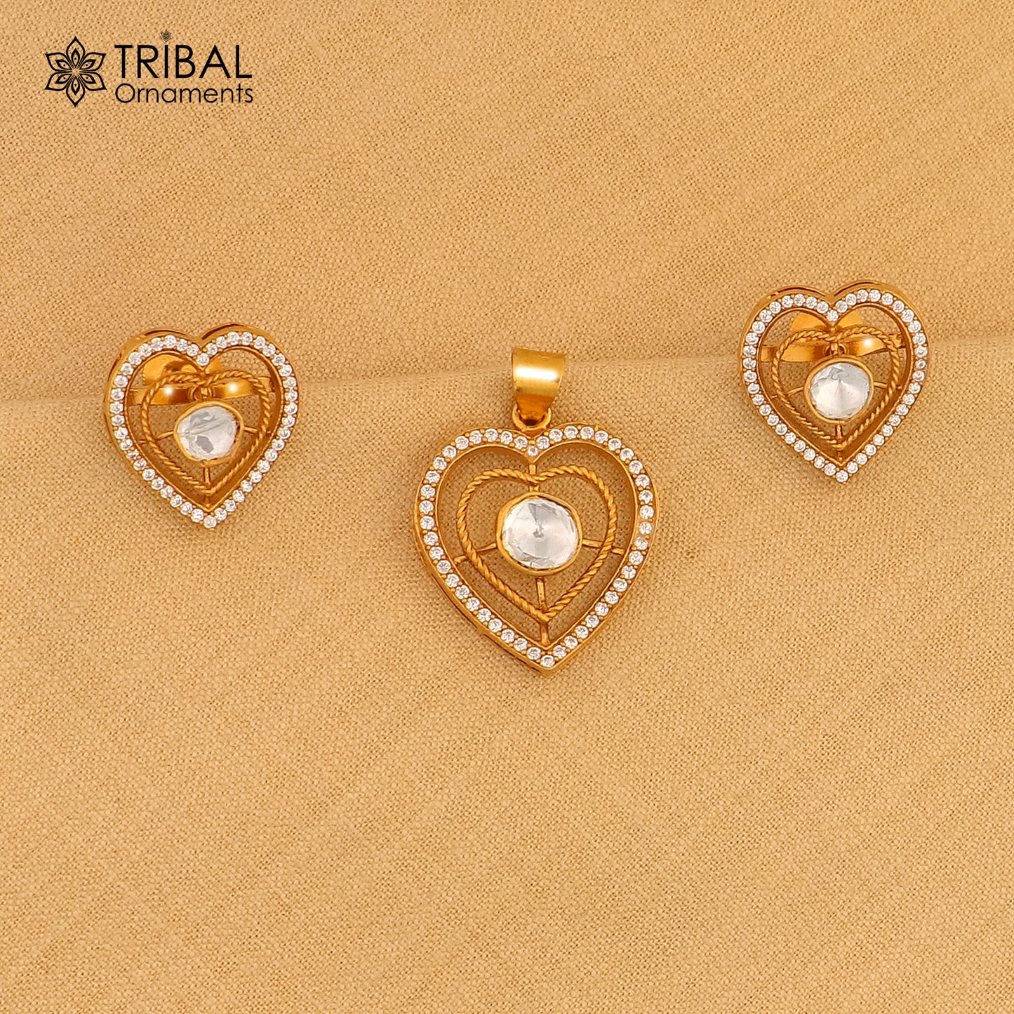 925 sterling silver heart shape white kundan stone polki charm necklace set stylish jewelry set744