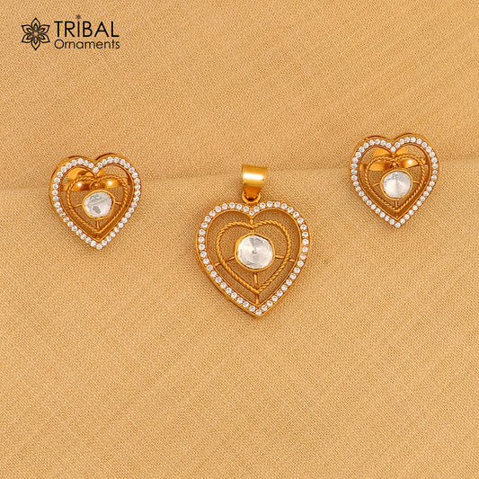 925 sterling silver heart shape white kundan stone polki charm necklace set stylish jewelry set744