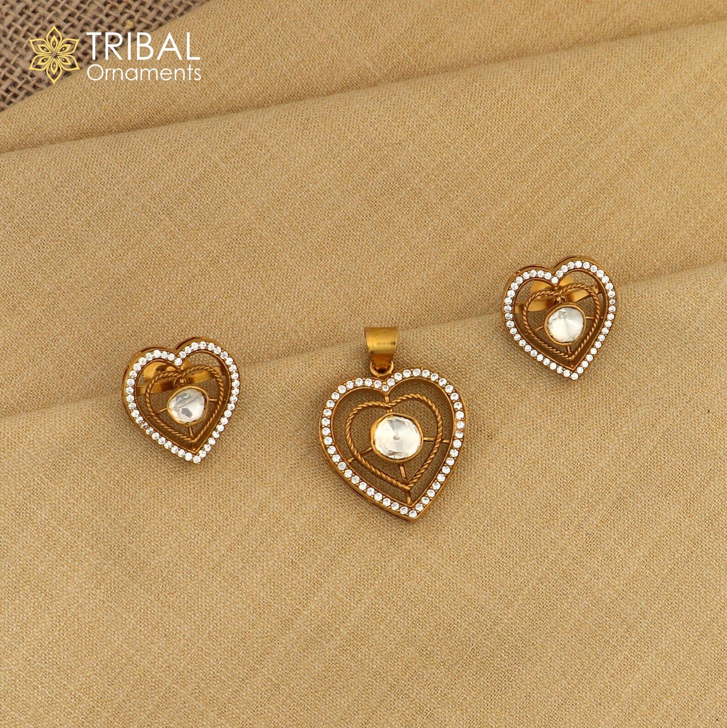 925 sterling silver heart shape white kundan stone polki charm necklace set stylish jewelry set744
