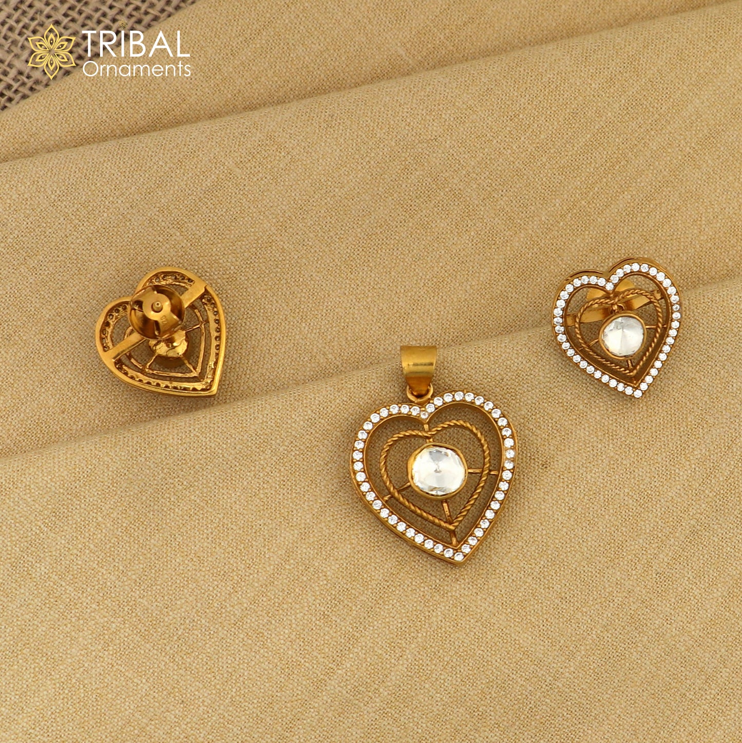 925 sterling silver heart shape white kundan stone polki charm necklace set stylish jewelry set744