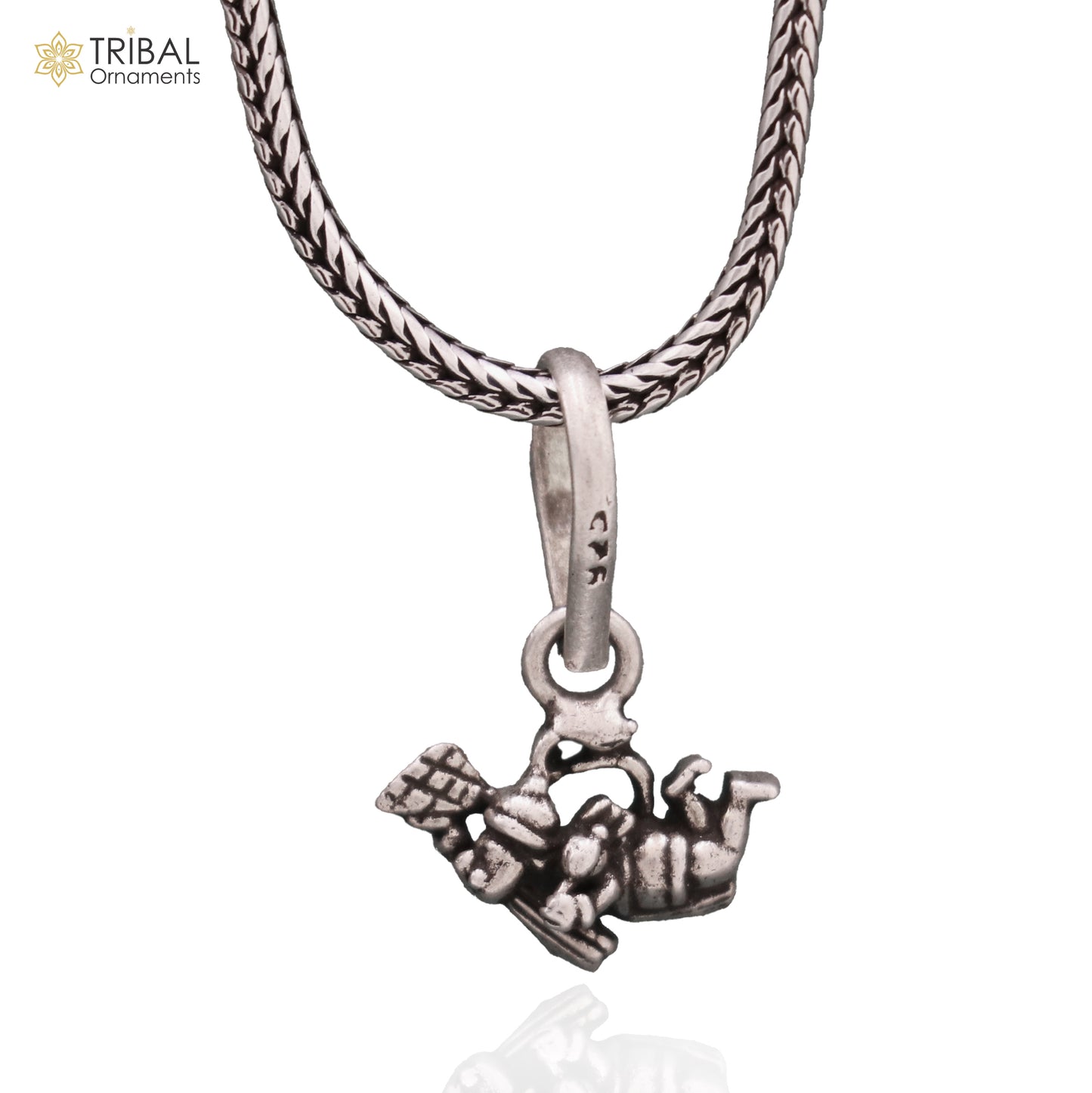 Sterling silver Flying Hanuman Ji pendant with chain, tribal jewelry design by TRIBAL ORNAMENTS, detailed Hanuman figure.