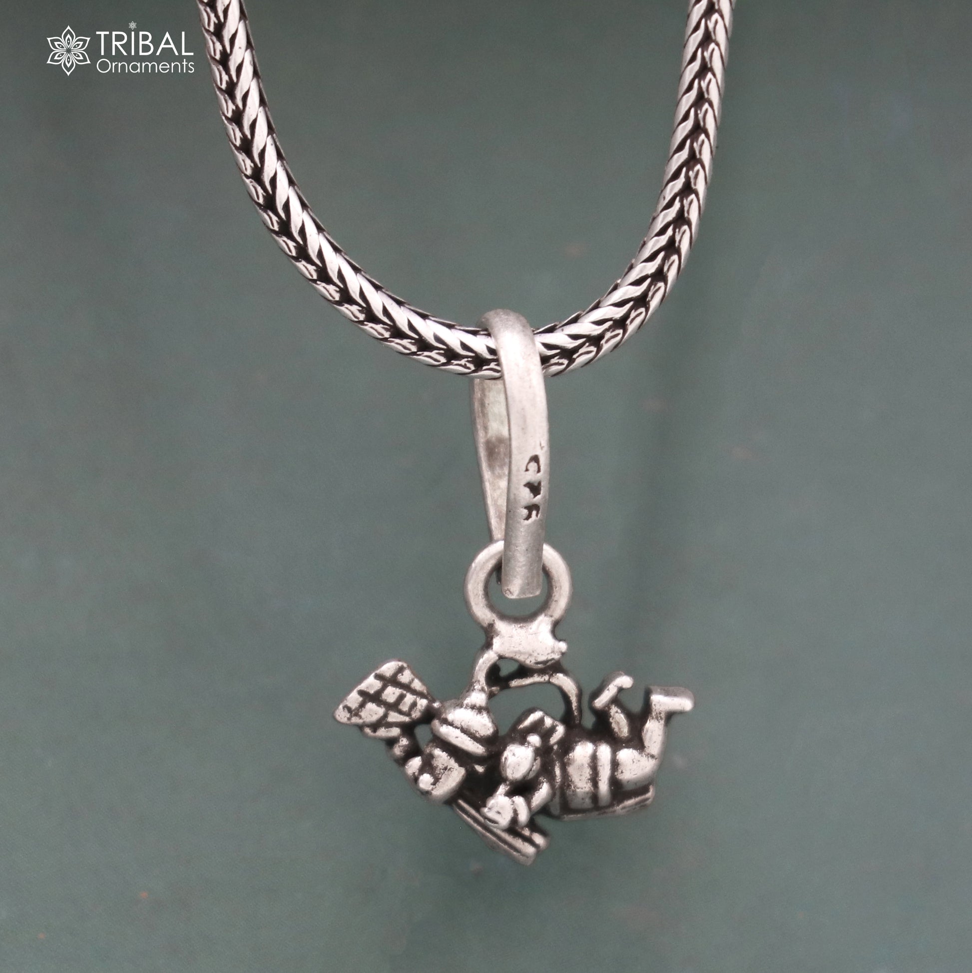 925 sterling silver Hanuman Ji pendant with chain, tribal jewelry featuring intricate flying Hanuman design.