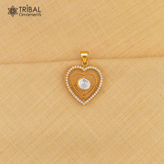 925 sterling silver heart shape white kundan stone polki charm necklace set stylish jewelry set744