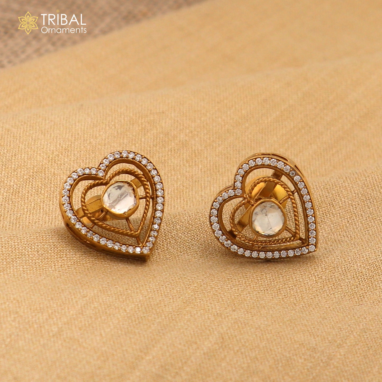 925 sterling silver heart shape white kundan stone polki charm necklace set stylish jewelry set744