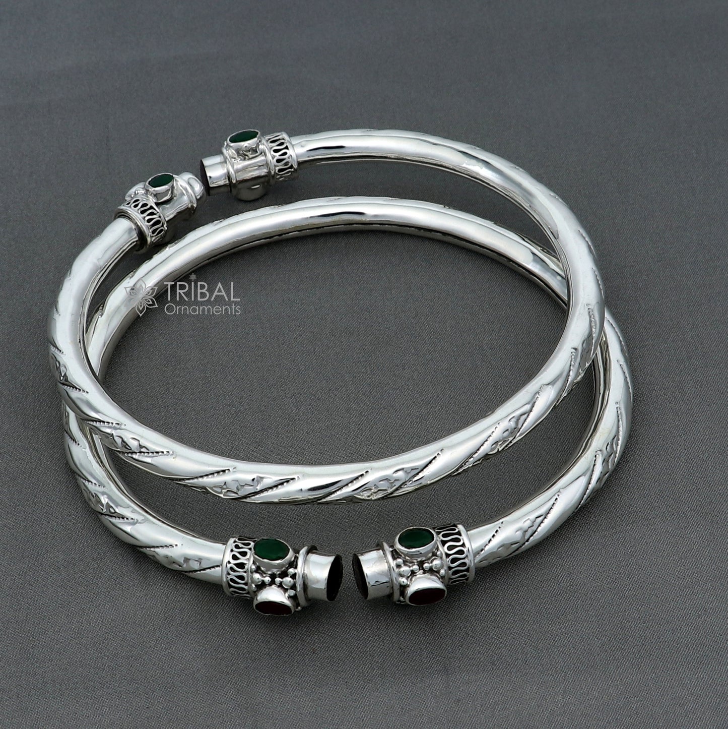 925 sterling silver stylish design ankle kada, ankle bangle bracelet with gorgeous green and red stone nsfk120